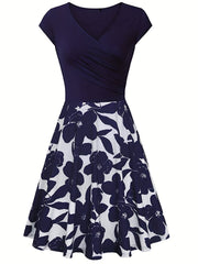 Floral Print V Neck Dress, Elegant Short Sleeve Dress For Spring & Summer, Women's Clothing