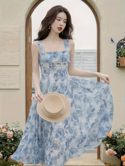 Floral Print Strap Dress Set Elegant Floral Print Strap Dress Set, Long Sleeve Ruffle Trim Open Front Ribbed Cardigan & Square Neck Sleeveless A-line Dress Outfits, Women's Clothing