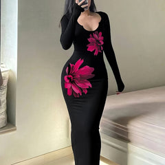 1pc Elegant Floral Print V-Neck Long Sleeve Bodycon Knit Dress for Women, Polyester, Notched Collar, Slim Fit, Ideal for Spring/Summer/Fall - Sexy Style