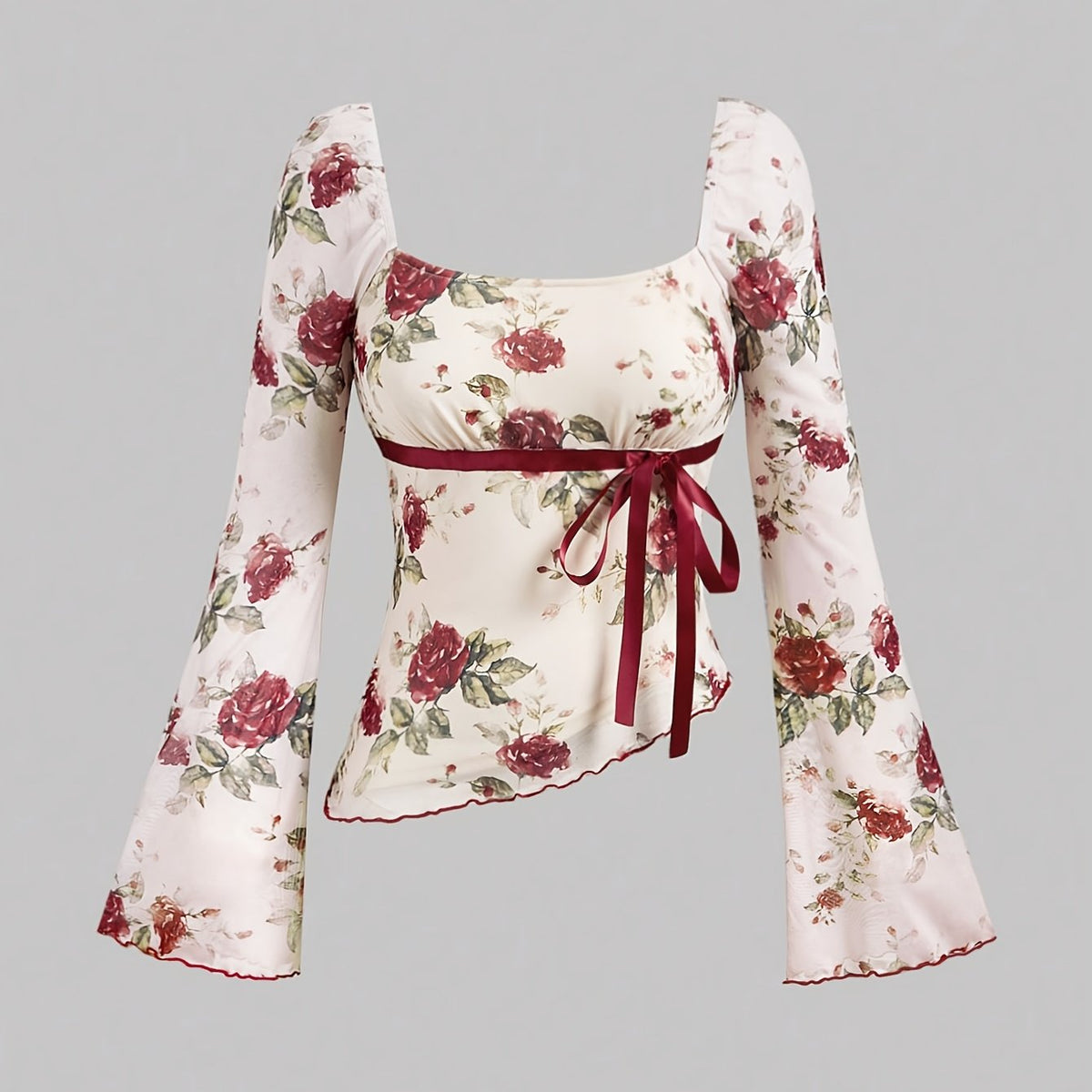 Elegant Women's Floral Print Blouse with Square Neckline and Red Ribbon Tie - Long Sleeve, Asymmetrical Hem, Polyester, Machine Washable