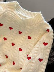 Autumn Heart Pattern Pullover Sweater Cozy Heart Pattern Pullover Round Neck Autumn And Winter Sweater, Fall Sweaters
