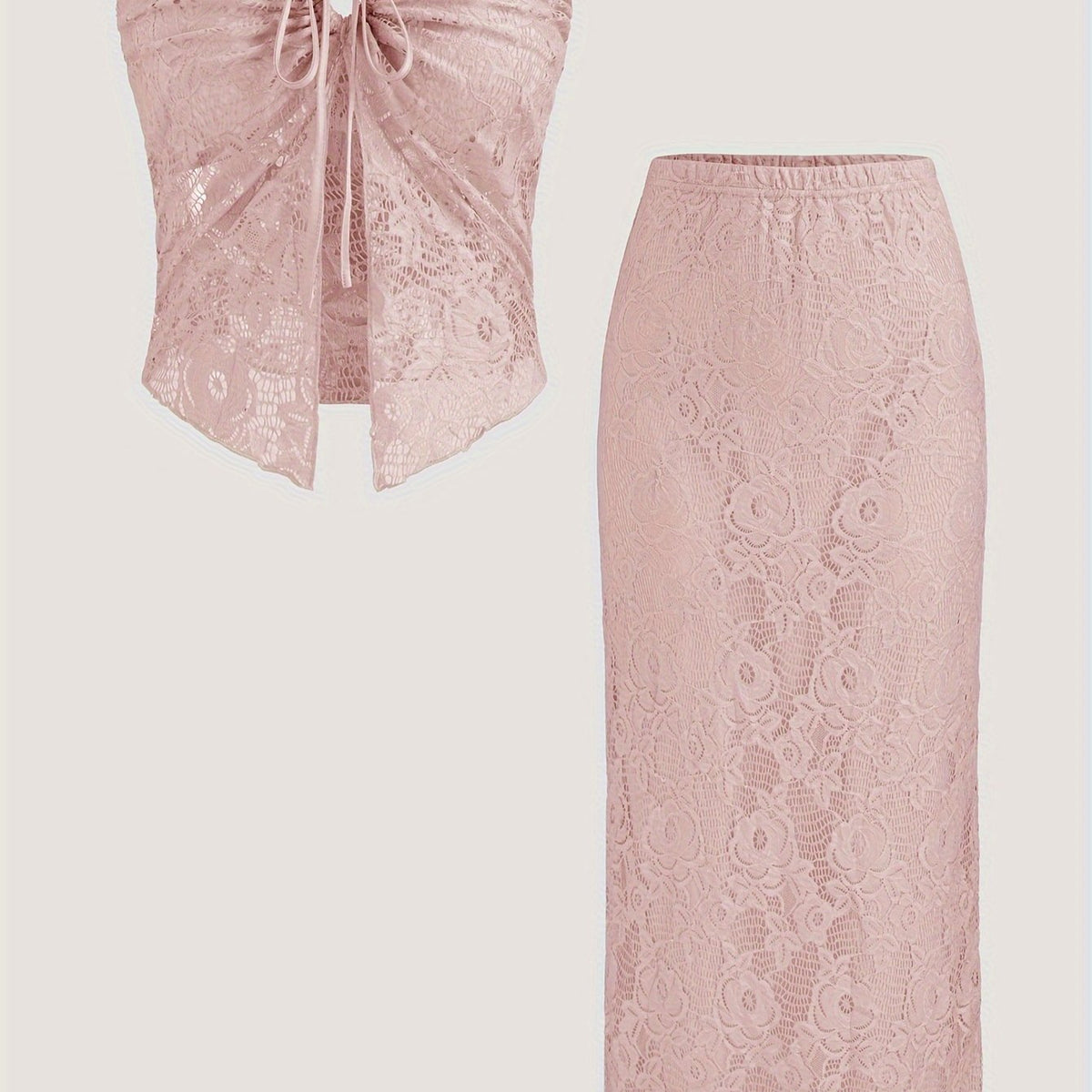 Semi-Sheer High Stretch Lace Wrap Bustier & Bodycon Skirt Set - Machine Washable, Perfect for All Seasons