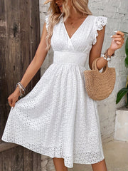 A-line Shirred Waist Hollow Dress Shirred Waist Hollow A-line Dress, Vacation V Neck Ruffle Sleeve Dress For Spring & Summer, Women's Clothing Wedding graduation engagement occasion ceremony party holiday vacation birthday