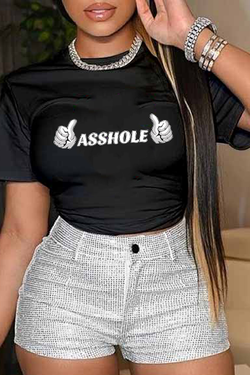 Pbong - Black Street Daily Print Patchwork Letter O Neck Tops