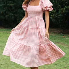 Square Neck Plaid Dress - Women's Lantern Sleeve Pleated Dress