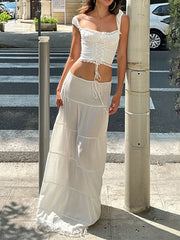 Women's Long Skirts with Lace Hem, Tie-Up Low Waist Skirts, Fashionable Casual Skirts for Spring and Summer