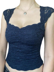 Chic Black Lace Floral Mini Tank Top for Women - Sleeveless, Low-Cut Crop Design with Polyester & Knit Fabric