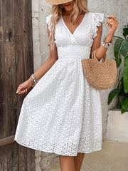 A-line Shirred Waist Hollow Dress Shirred Waist Hollow A-line Dress, Vacation V Neck Ruffle Sleeve Dress For Spring & Summer, Women's Clothing Wedding graduation engagement occasion ceremony party holiday vacation birthday
