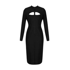 Women Bodycon Bandage Dress White Long Sleeve Hollow Out Club Dress Vestidos Celebrity Evening Party Midi Dress