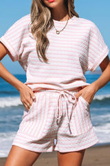 Stripe Knitted Short Sleeve Top and Drawstring Shorts Set