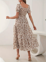 Elegant Women's Floral Print Dress - Square Neckline, Short Sleeve, A-Line Silhouette, Polyester, Machine Washable, Perfect for All Seasons