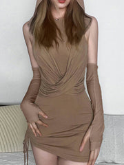 Khaki Drawstring Skinny Hooded Mini Dress