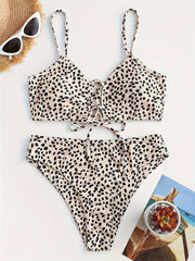 Women's Leopard Print Bikini Set - V-Wired, High Cut Two-Piece Swimsuit with Spaghetti Straps & Tie-Detail Waistband, Stretchy Polyester/Spandex Blend, Machine Washable - Perfect for Beach & Poolside, High Waisted Bikin