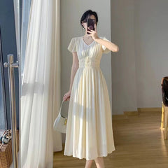 Spring Summer Sweet Solid Dress Women Puff Short Sleeve O Neck High Waist Casual Long Dresses Ladies Holiday Style
