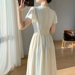 Spring Summer Sweet Solid Dress Women Puff Short Sleeve O Neck High Waist Casual Long Dresses Ladies Holiday Style