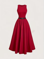 1pc Elegant Sleeveless A-Line Dress for Women, Solid Color Polyester Knit with Belt, Round Neck, Loose Fit - All Seasons Fashion