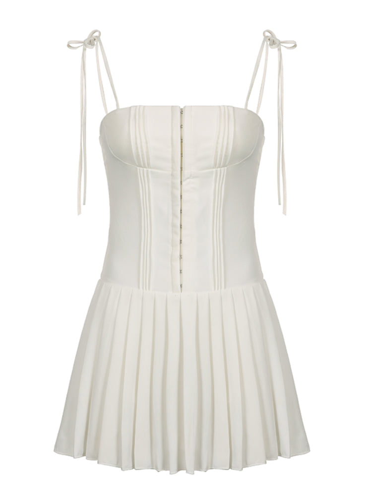 White Sleeveless Pleated Strappy Mini Dress