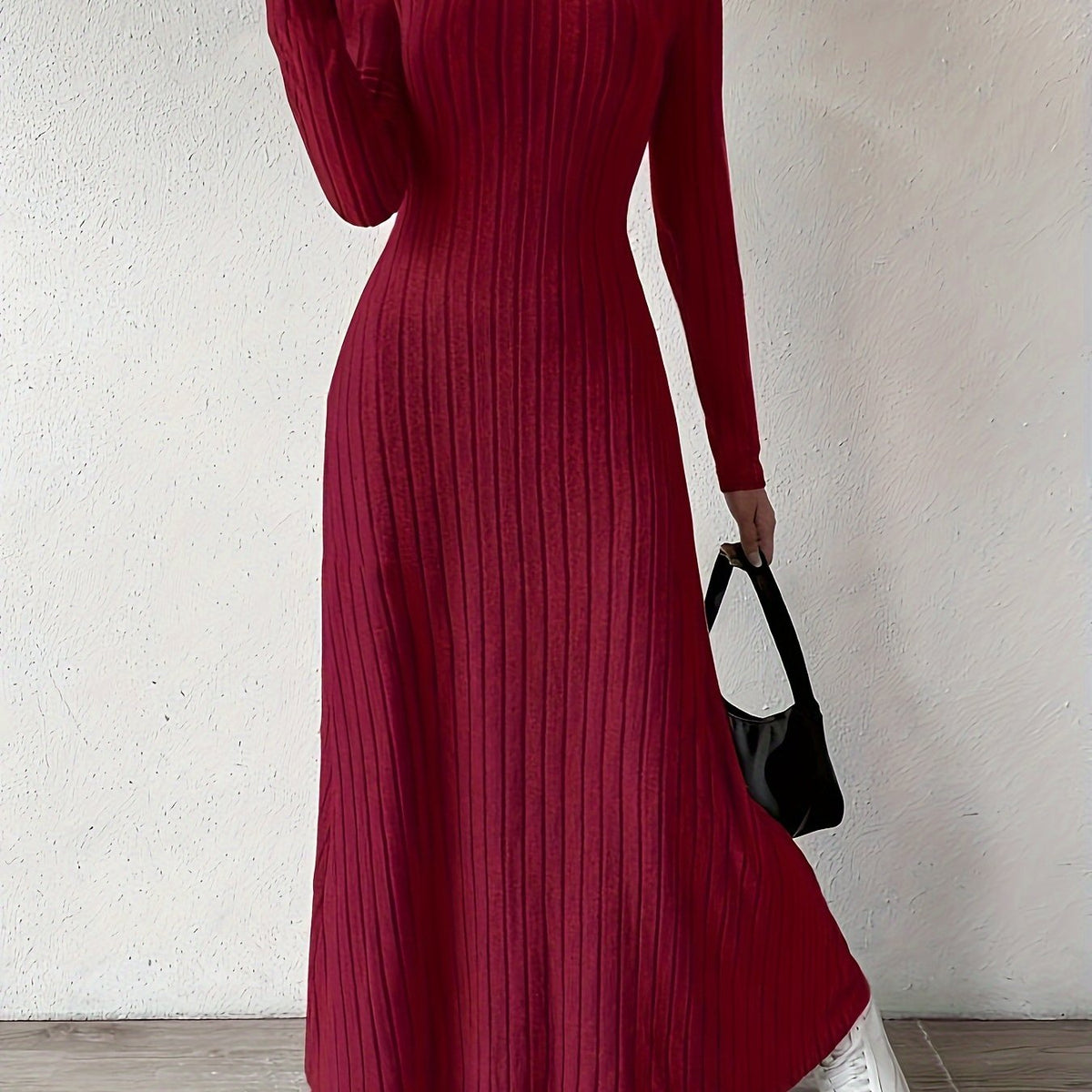 Elegant Solid Color V-Neck Knit Long Sleeve A-Line Dress - Ribbed Texture, Machine Washable, Polyester - Chic Middle Eastern Style for Fall, Elegant Long Sleeve Knit Dress