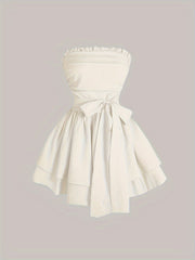 Elegant Strapless Backless A-line Dress - Solid Color Lace Up Tube Dress - Layered Hem Ruffle Trim Women's Clothing