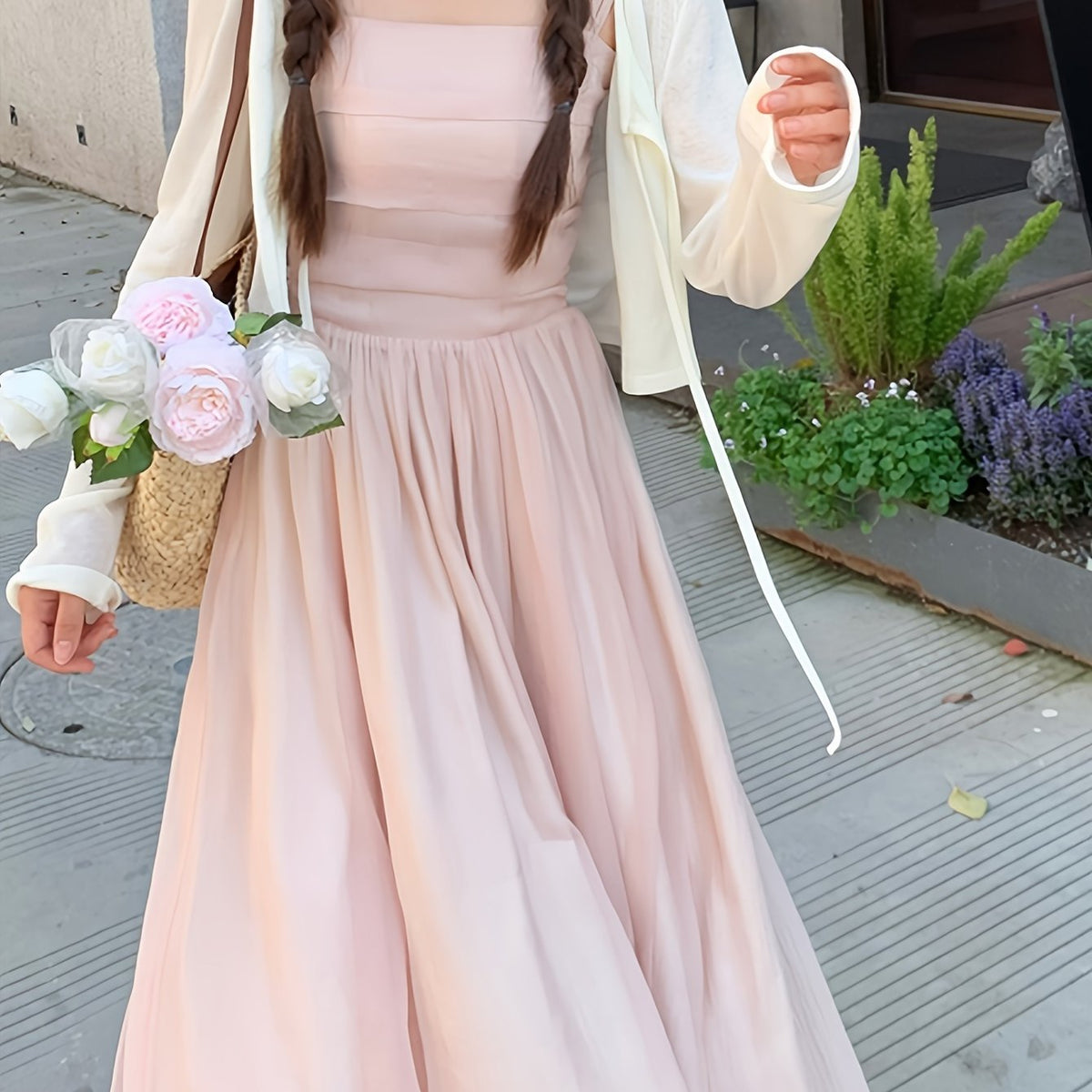 Korean-style Trendy Design Temperament Slimming Dating Vacation Pink Body-hugging Dress with Suspenders And Halter Neck