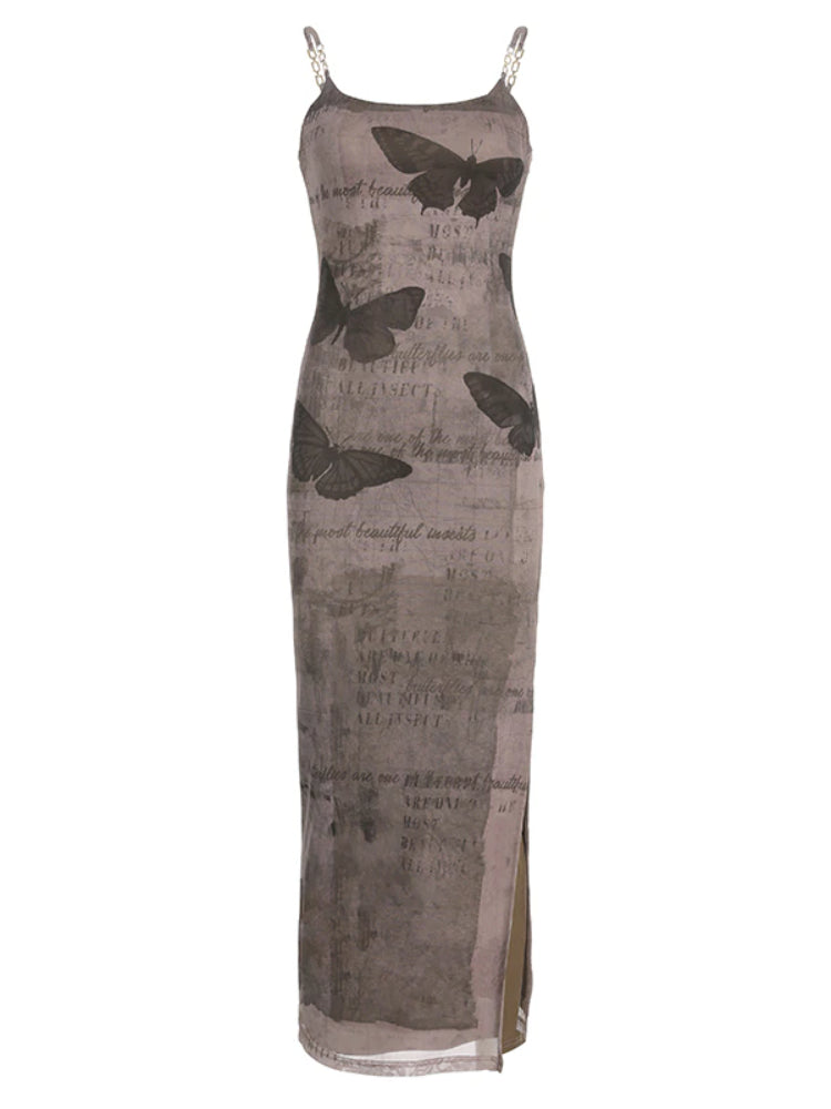 Brown Butterfly Printed Mesh Maxi Dress