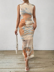 Elegant Women's Tie-Dye Print Sleeveless Maxi Dress - Chic Stand Collar, Ruched Bodycon Design in Vibrant Orange/Blue/White, Polyester Blend with Stretch, Machine Washable for All Seasons