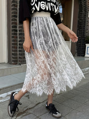 Y2K Lace Semi-Sheer A-Line Skirt, Solid Color Elastic Waist Midi Skirt For Spring & Summer, Women's Clothing
