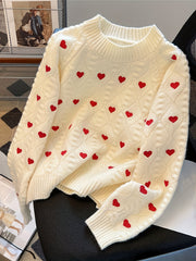 Autumn Heart Pattern Pullover Sweater Cozy Heart Pattern Pullover Round Neck Autumn And Winter Sweater, Fall Sweaters