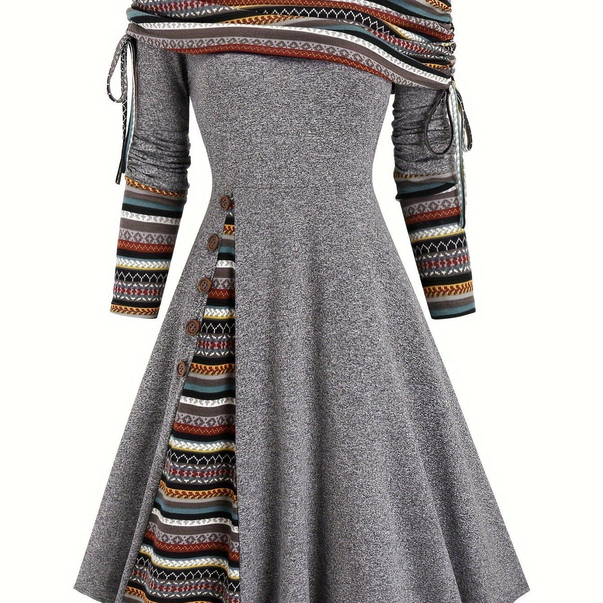 Elegant Off Shoulder Ethnic Striped Splicing Drawstring Dress, Women's Clothing