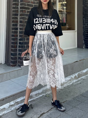 Y2K Lace Semi-Sheer A-Line Skirt, Solid Color Elastic Waist Midi Skirt For Spring & Summer, Women's Clothing