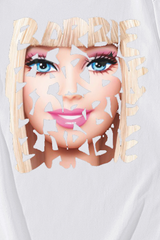 Pbong - White Sweet Party Print Patchwork O Neck Tops