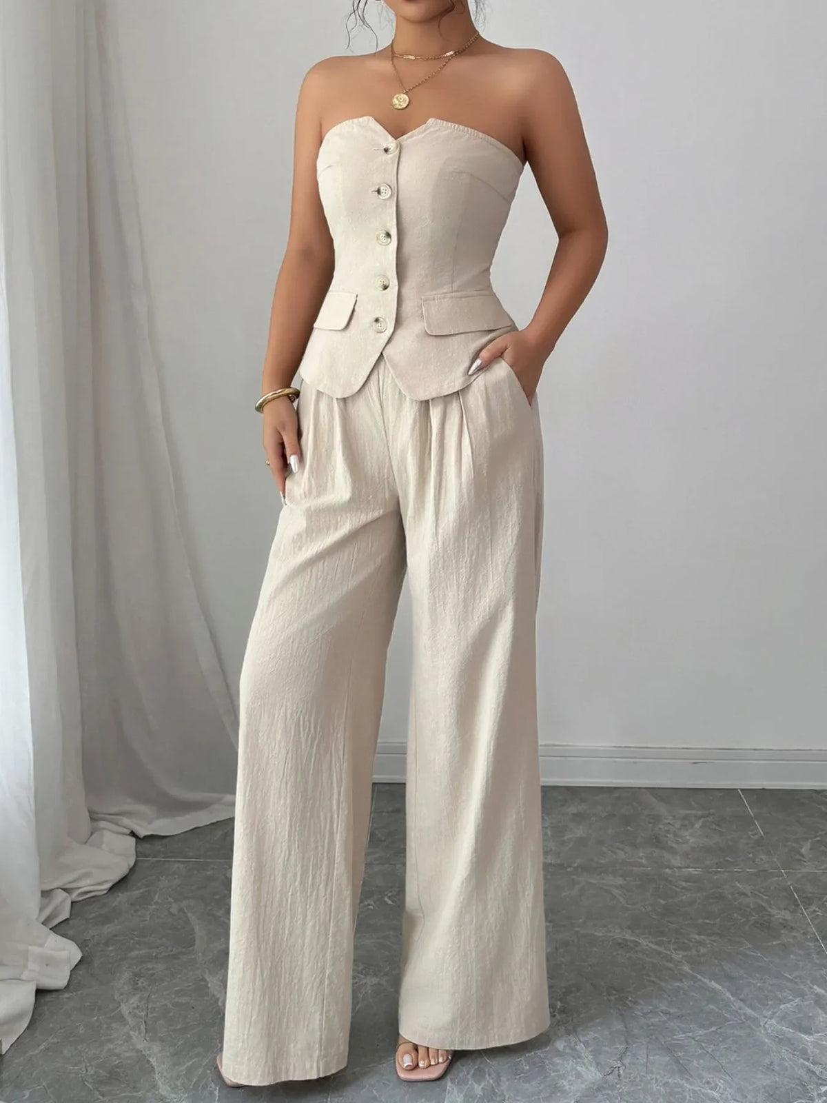 Button Down Tube Top and Pants Set