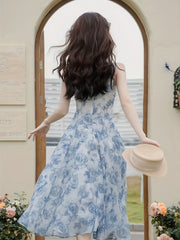 Floral Print Strap Dress Set Elegant Floral Print Strap Dress Set, Long Sleeve Ruffle Trim Open Front Ribbed Cardigan & Square Neck Sleeveless A-line Dress Outfits, Women's Clothing