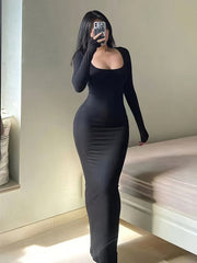 Elegant Long Sleeve Slim Square Neck Maxi Dress - Women's Clothing For Spring & Fall