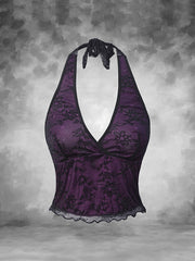 Sexy Halter Gothic Lace Floral Contrast Top - Women'S Blouse - Perfect for Spring, Summer, and Autumn Back-To-School Season
