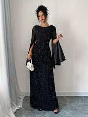 Elegant Glitter 1pc Polyester Maxi Dress for Women - Boat Neck Long Sleeve with Zipper and Side Slit - Fitted Knit Fabric Solid Color All-Season Party Gown