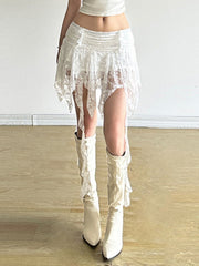 Women's Lace Ruffle Mini Skirts Cute Elastic Waist Loose A-Line Skirts Short Skirts