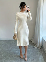 Long Sleeve Ribbed Knit Sweater Elegant Solid Color Ribbed Knit Sweater Dress for Women - Crew Neck, Long Sleeve, Pleated Design, Perfect for Fall & Winter