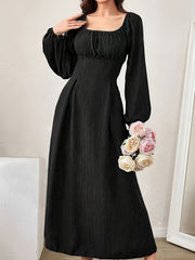 Elegant Textured Midi Dress - Cross Tie Lantern Sleeve Solid Color Romantic Dress for Women