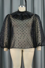 Pbong - Black Casual Dot Patchwork See-through Half A Turtleneck Tops