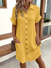 Women's 100% V-Neck Blouse Dress - Light Blue, Casual, Short Sleeves, Button Details, Machine Washable, All-Season Comfort