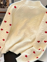 Autumn Heart Pattern Pullover Sweater Cozy Heart Pattern Pullover Round Neck Autumn And Winter Sweater, Fall Sweaters
