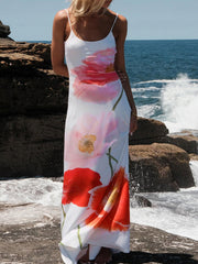 Flowers Printing Strap Backless Beach Dress