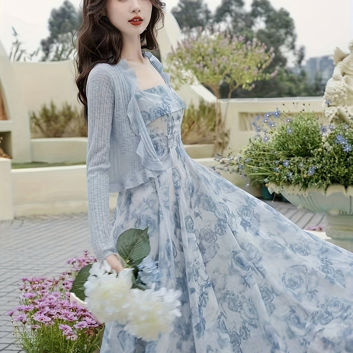Floral Print Strap Dress Set Elegant Floral Print Strap Dress Set, Long Sleeve Ruffle Trim Open Front Ribbed Cardigan & Square Neck Sleeveless A-line Dress Outfits, Women's Clothing