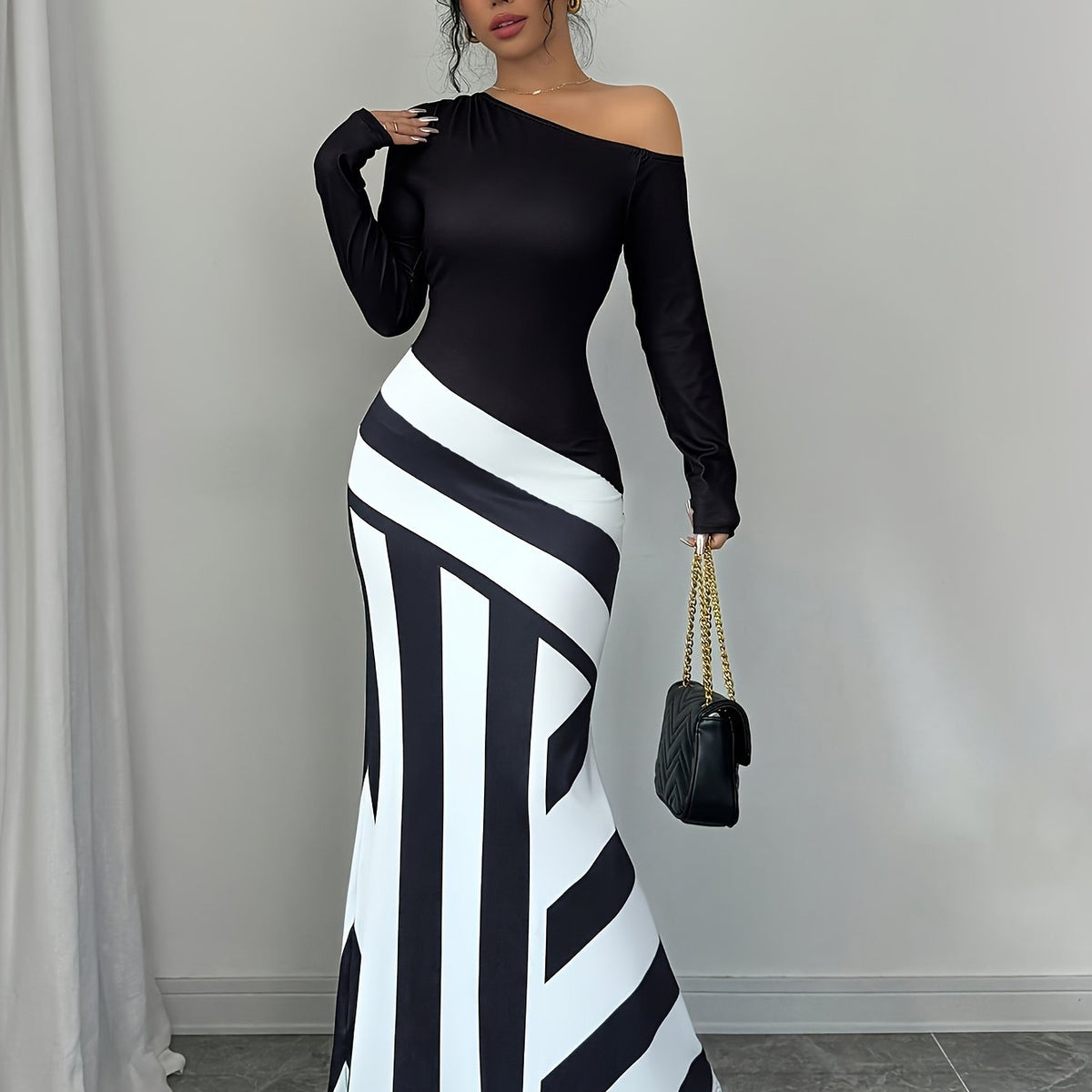 Elegant Women's Off-Shoulder Striped Maxi Dress - Chic Black & White Design with Ruffled Hem, Long Sleeves, Machine Washable, Polyester Blend