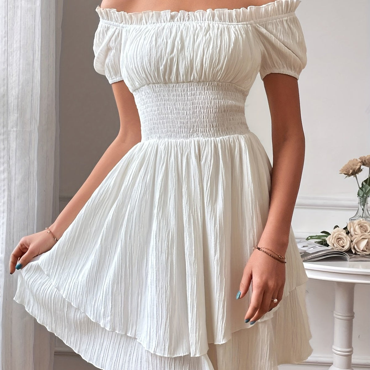 Elegant Off-Shoulder Square Neck Dress, 100% Polyester Solid Color A-Line Mini Dress for Women, Spring/Summer Woven Fabric, Occasion Wear | Ruffled Bodice | Polyester Fabric, Cute Dresses
