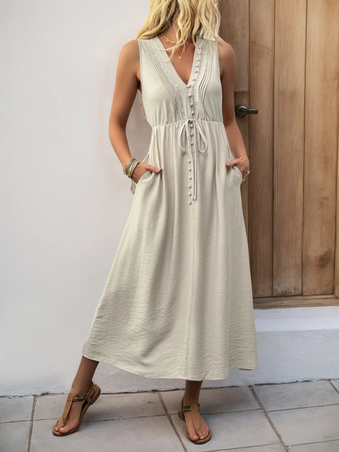 V-Neck Sleeveless Midi Dress
