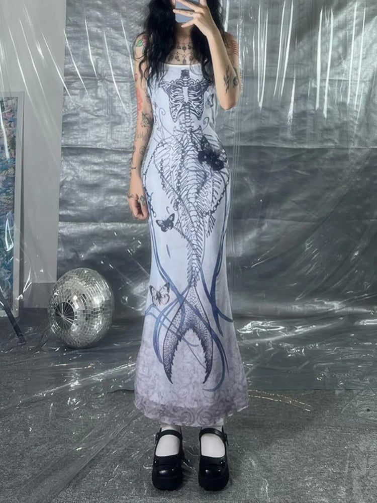 Gothic Strap Butterfly Printed Long Dress
