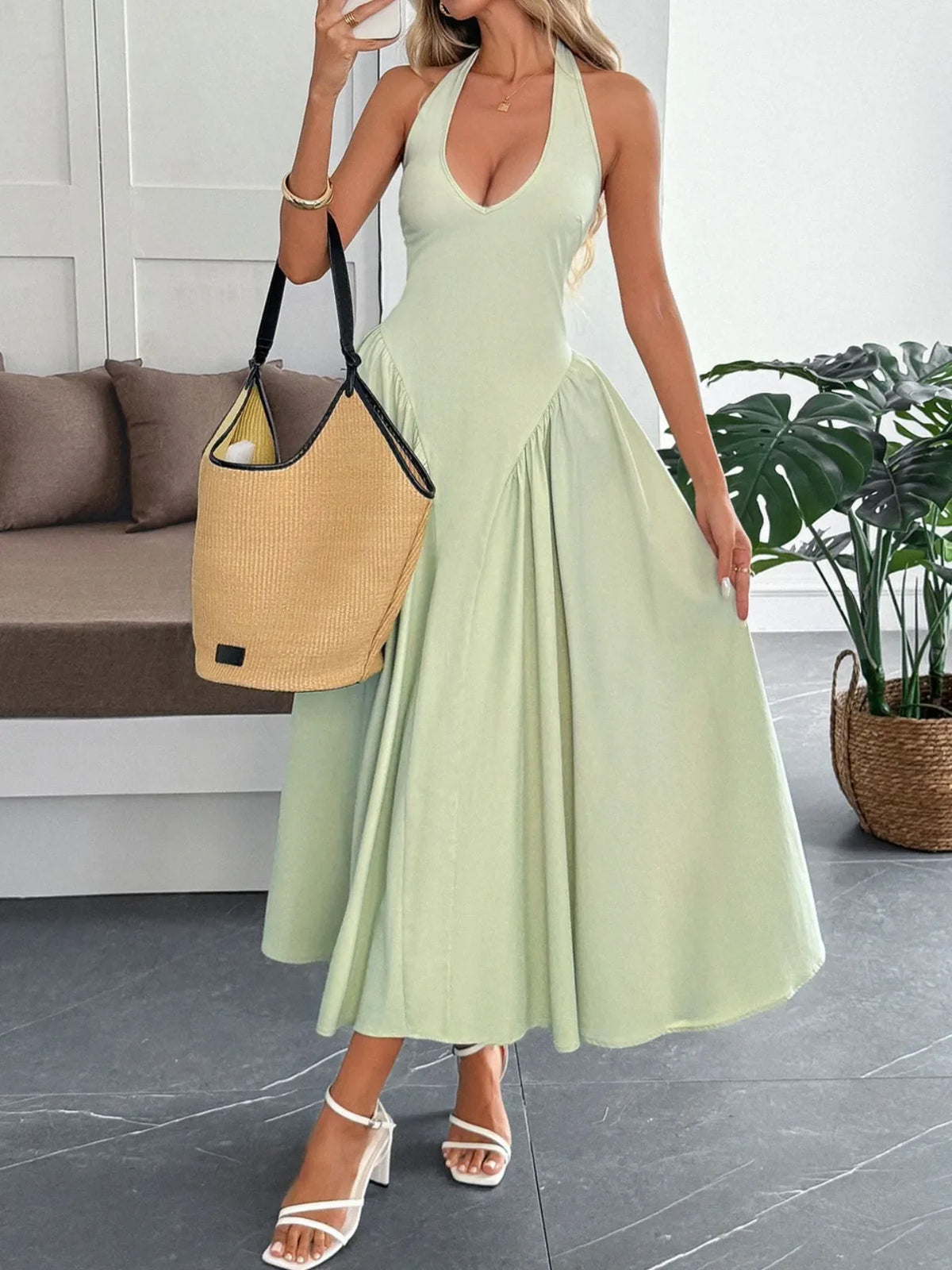 Halter Neck Ruched Midi Dress