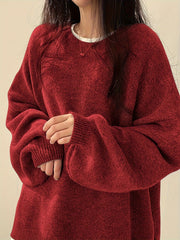 Cozy Womens Crew Neck Pullover Sweater - Relaxed Fit, Dramatic Drop Shoulder & Trendy Split - Soft Knit, Everyday Casual Style - Solid Color Wardrobe Staple